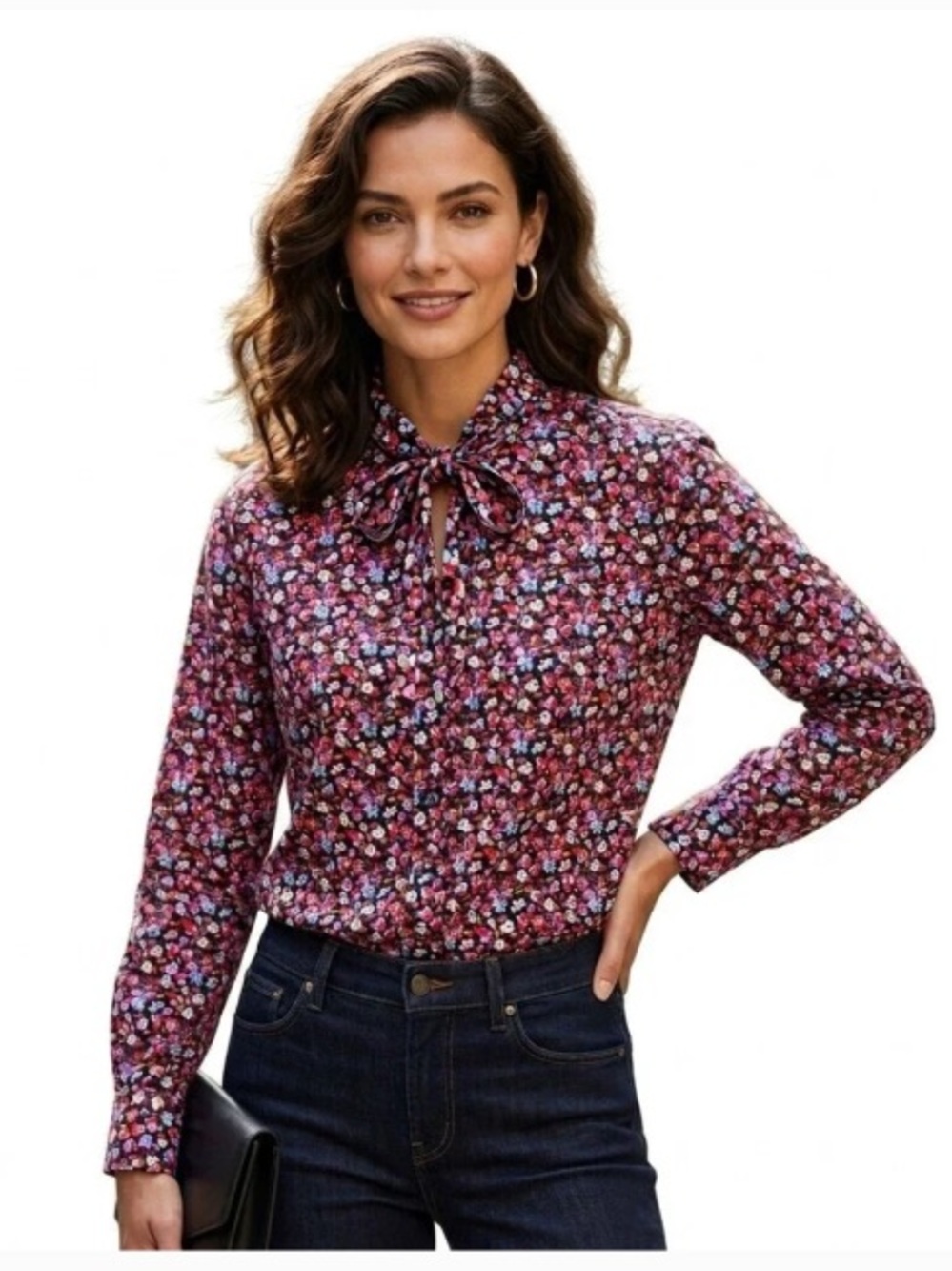 J. Crew x Liberty of London Ditsy Floral Bow Button-Up Poplin Blouse Boho 4
